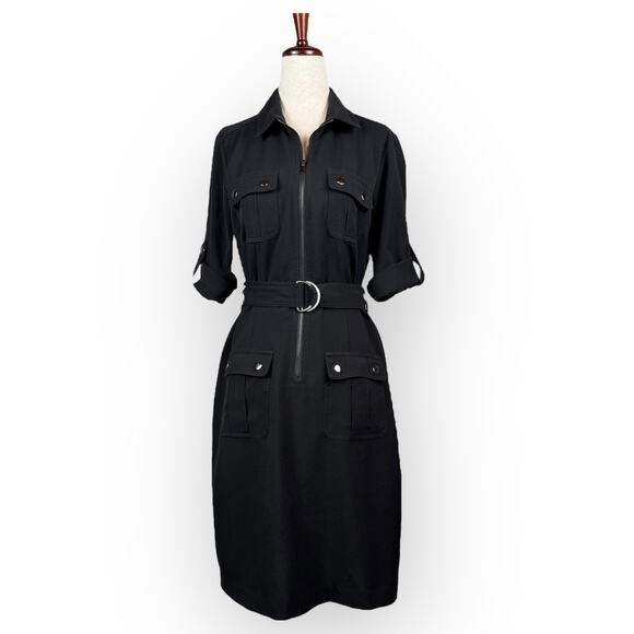 Sharagano Black Front Zip Dress with Cinch Waist Belt Cuffed Sleeves Size 4 - Picture 4 of 13
